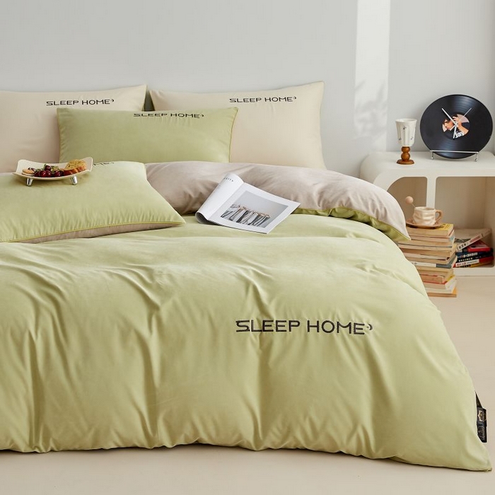 91家纺网 家纺一手货源 找家纺 恋之语 2025新款110克麻绳双拼刺绣单被套 抹茶绿+浅灰