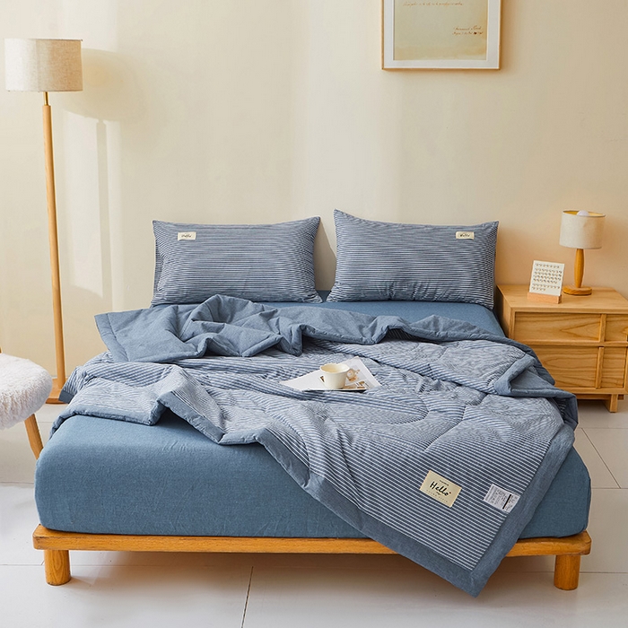 91家纺网 家纺一手货源 找家纺 恋人优选 2025新款纯棉色织水洗夏被 蓝白条