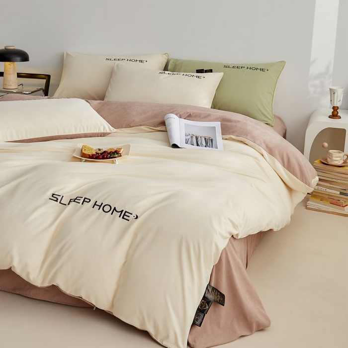 91家纺网 家纺一手货源 找家纺 恋之语 2025新款110克麻绳双拼刺绣单被套 米黄+浅咖