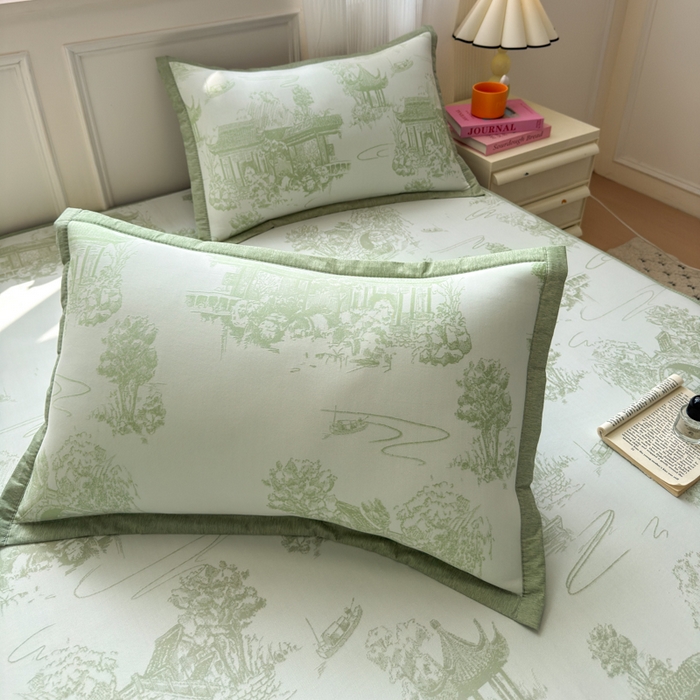 91家纺网 家纺一手货源 找家纺 花漾家居 2025新款A类色织提花PE凉感丝凉席三件套床单床笠款 床笠款-江南绿