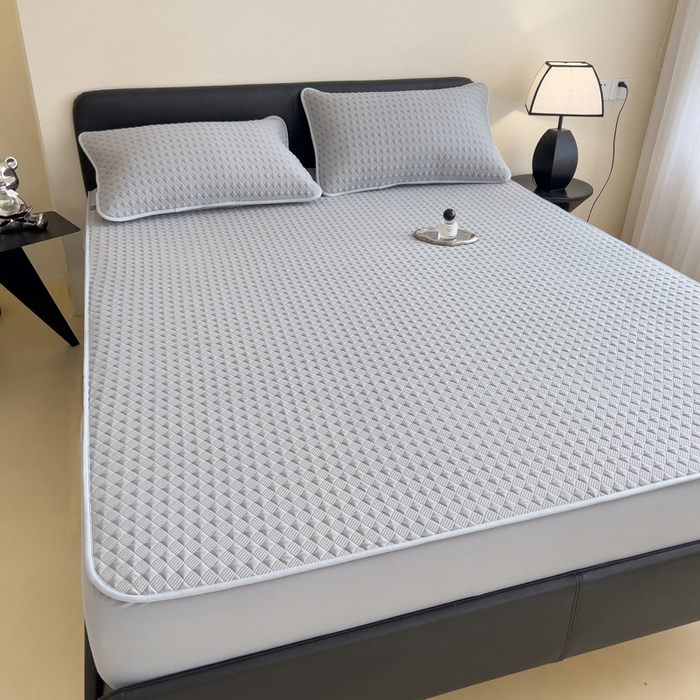 91家纺网 家纺一手货源 找家纺 席世家 2025新款凉感席冰豆豆席子三套件凉席床笠 小方格珍珠灰-床笠款