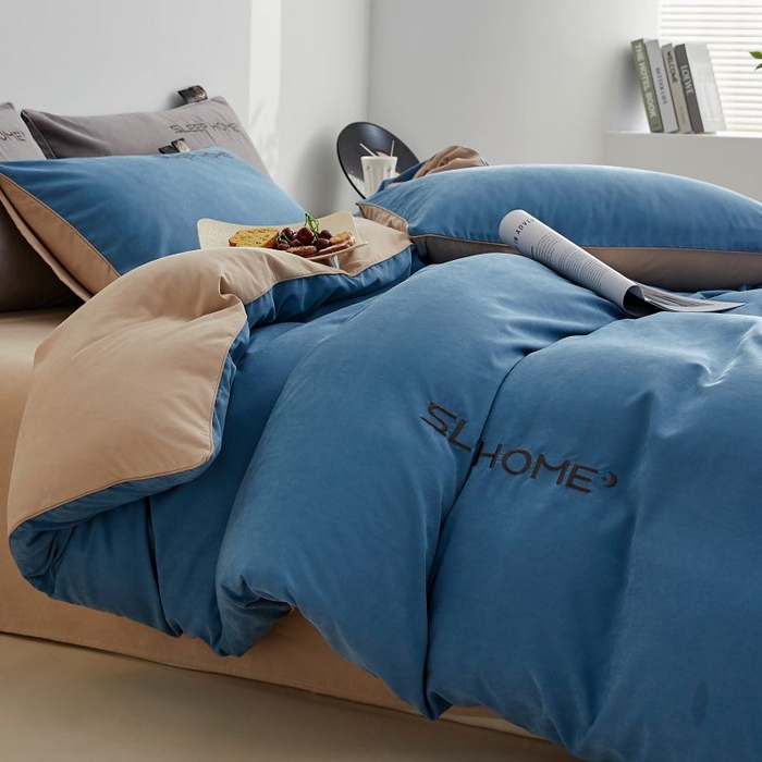 91家纺网 家纺一手货源 找家纺 恋之语 2025新款110克麻绳双拼刺绣四件套 星空蓝+卡其