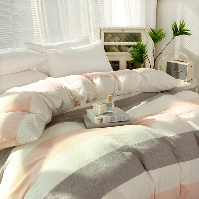 91家纺网 家纺一手货源 找家纺 恋之语 2025新款全棉纯棉色织被套单品单被套被套单件 简约粉灰条