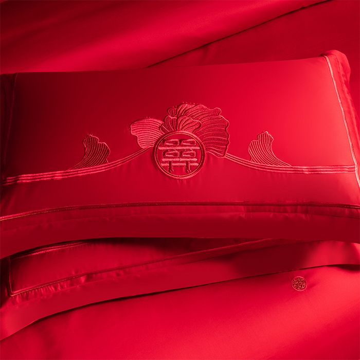 91家纺网 家纺一手货源 找家纺 博之洋婚庆 2025新款全棉长绒棉刺绣新中式婚庆系列多件套 甜蜜时光--红