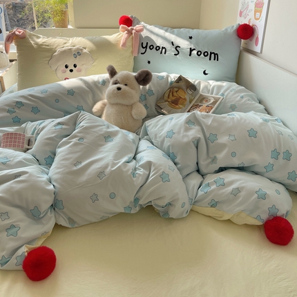 轻奢坊 2025新款软萌可爱韩系贴布绣毛球款水洗棉四件套 星星小狗