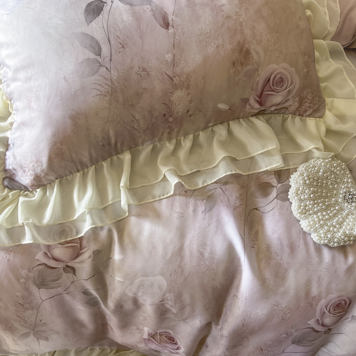 91家纺网 家纺一手货源 找家纺 亲亲公主 2025新款莱赛尔天丝棉玫瑰之恋四件套 玫瑰之恋一粉色