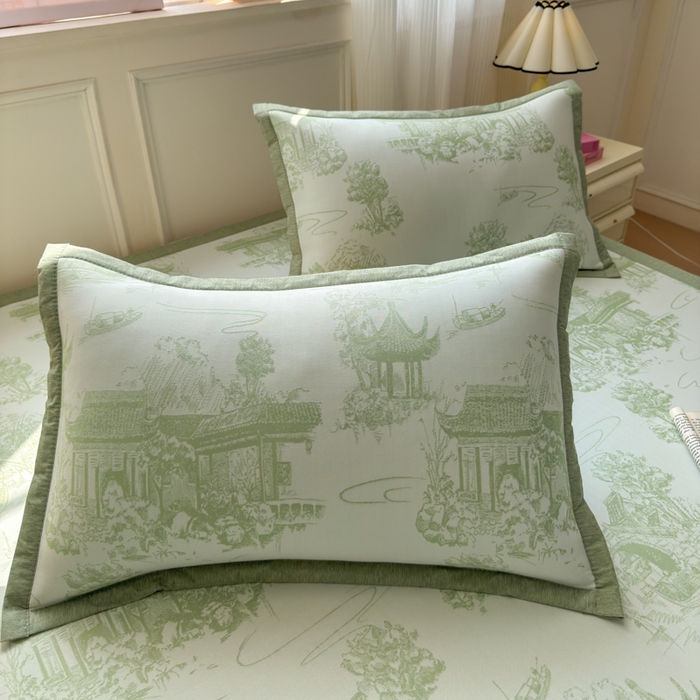 91家纺网 家纺一手货源 找家纺 花漾家居 2025新款A类色织提花PE凉感丝凉席三件套床单床笠款 床单款-江南绿