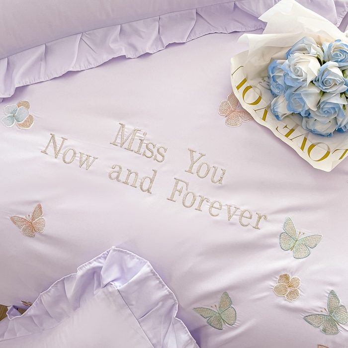 91家纺网 家纺一手货源 找家纺 恋之语 2025新款水洗棉刺绣花边四件套-蝶羽 蝶羽-紫