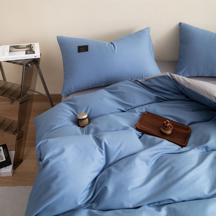 91家纺网 家纺一手货源 找家纺 恋之语 2025新款90克纯色双拼四件套 海洋蓝+浅灰