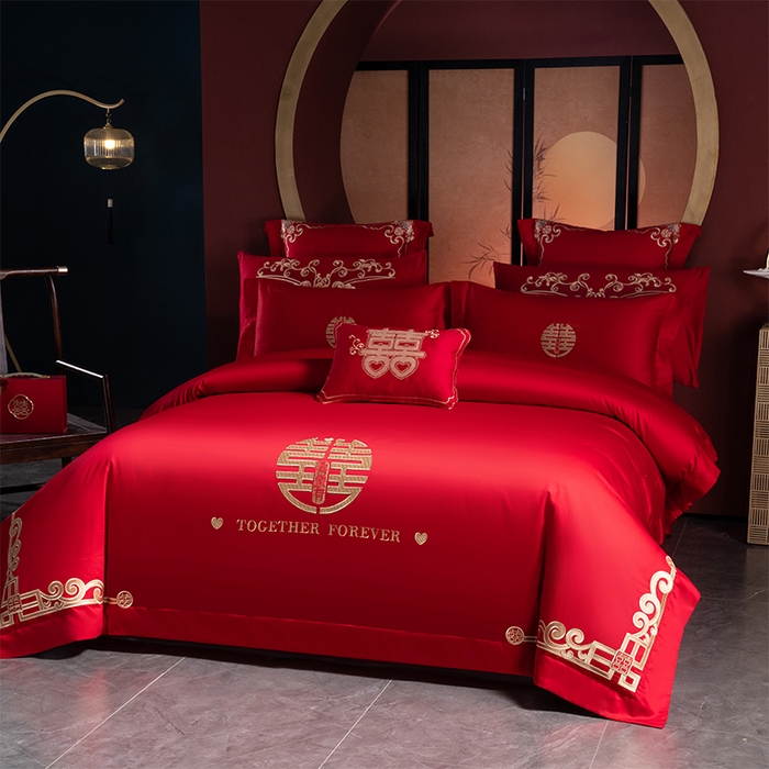 91家纺网 家纺一手货源 找家纺 博之洋婚庆 2025新款全棉长绒棉刺绣新中式婚庆系列多件套 幸福相伴