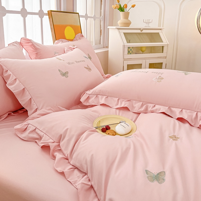 91家纺网 家纺一手货源 找家纺 恋之语 2025新款水洗棉刺绣花边四件套-蝶羽 蝶羽-粉