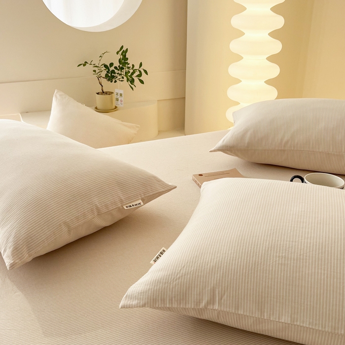 91家纺网 家纺一手货源 找家纺 恋之语 2025新款全棉纯棉色织床笠单品单床笠床笠单件 条纹咖