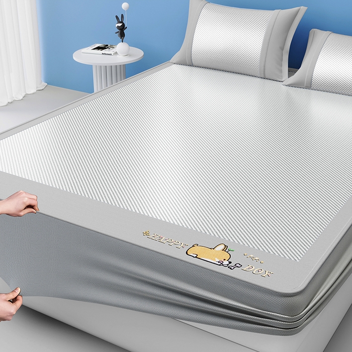 91家纺网 家纺一手货源 找家纺 2025新款斜纹宽柯基凉感冰丝席 斜纹柯基灰-床笠款