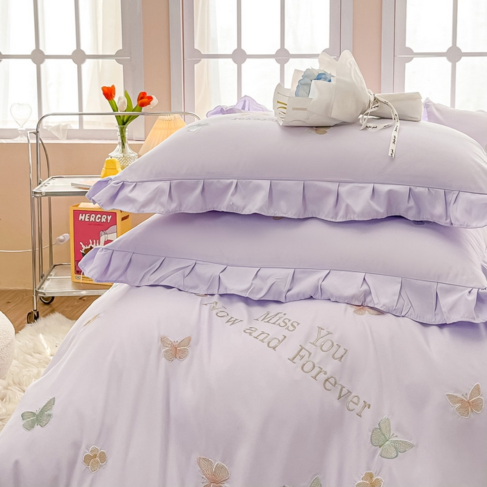 91家纺网 家纺一手货源 找家纺 恋之语 2025新款水洗棉刺绣花边四件套-蝶羽 蝶羽-紫