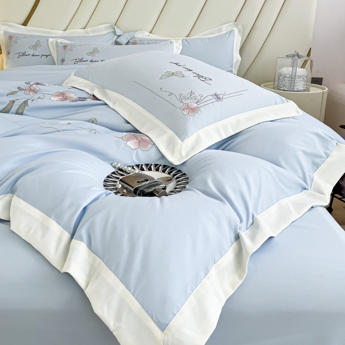 91家纺网 家纺一手货源 找家纺 恋之语 2025新款水洗棉刺绣四件套-锦绣花 锦绣花-天蓝