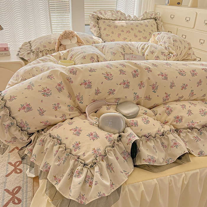 91家纺网 家纺一手货源 找家纺 眠帛家居 2025新款A类法式皱皱纱小清新蕾丝花边四件套 芬芳