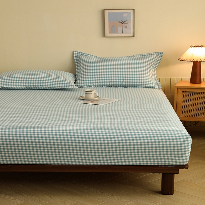 91家纺网 家纺一手货源 找家纺 绒多多 2025新款简约水洗棉色织床笠 绿小格