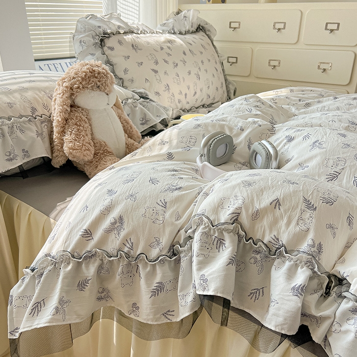 91家纺网 家纺一手货源 找家纺 眠帛家居 2025新款A类法式皱皱纱小清新蕾丝花边四件套 阿狸