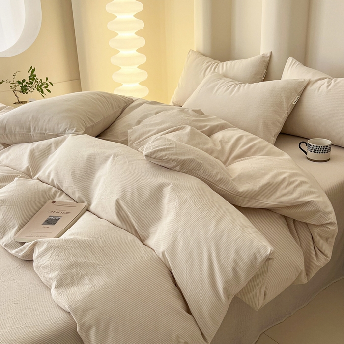 91家纺网 家纺一手货源 找家纺 恋之语 2025新款全棉纯棉色织被套单品单被套被套单件 条纹咖