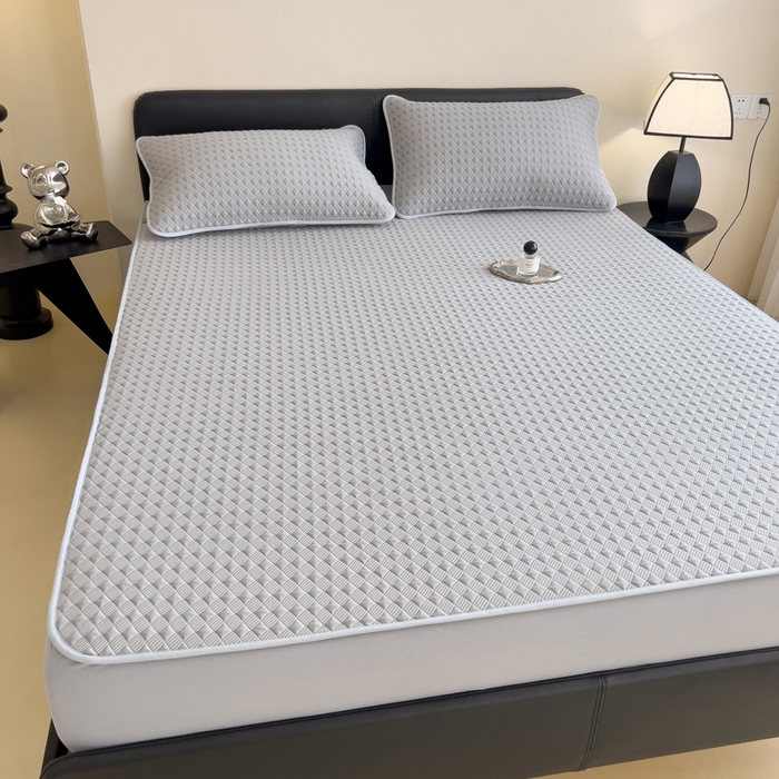 91家纺网 家纺一手货源 找家纺 席世家 2025新款凉感席冰豆豆席子三套件凉席床笠 小方格珍珠灰-床笠款