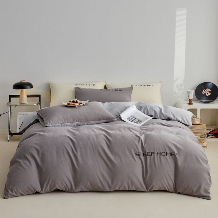 91家纺网 家纺一手货源 找家纺 恋之语 2025新款110克麻绳双拼刺绣四件套 深灰+浅灰