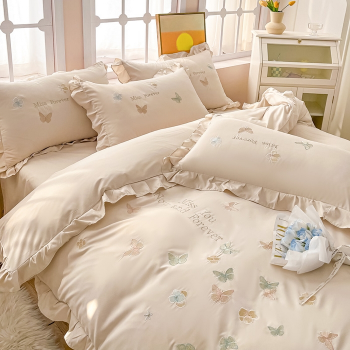 91家纺网 家纺一手货源 找家纺 恋之语 2025新款水洗棉刺绣花边四件套-蝶羽 蝶羽-米白