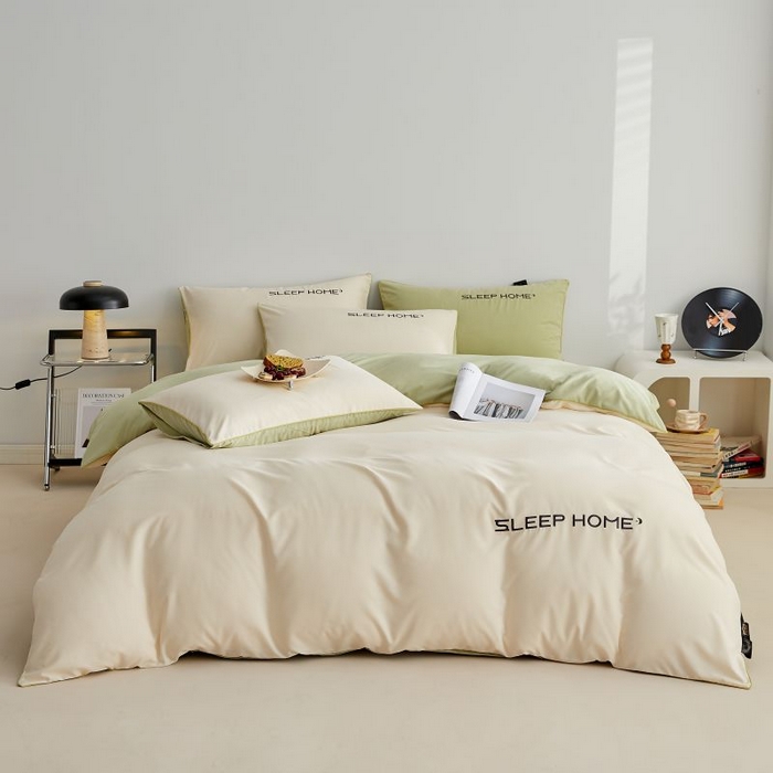 91家纺网 家纺一手货源 找家纺 恋之语 2025新款110克麻绳双拼刺绣四件套 米黄+抹茶绿