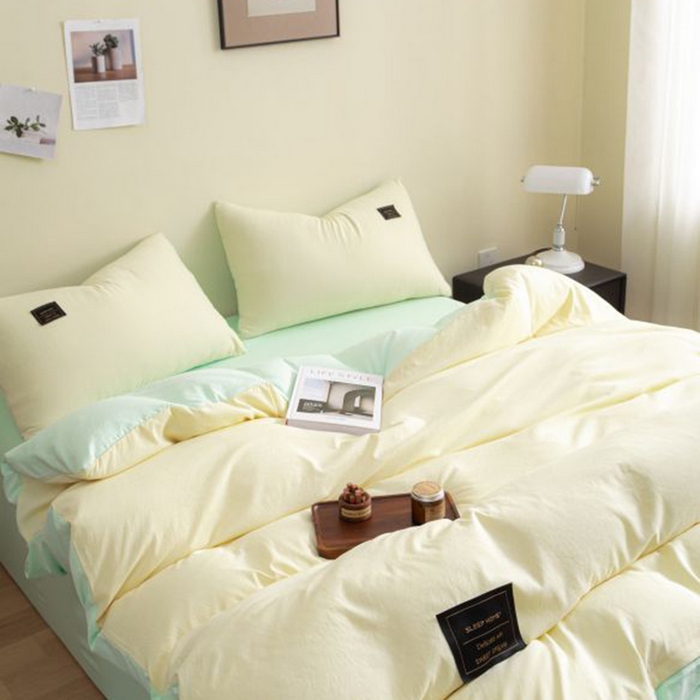 91家纺网 家纺一手货源 找家纺 恋之语 2025新款90克纯色双拼四件套 奶油黄+浅兰