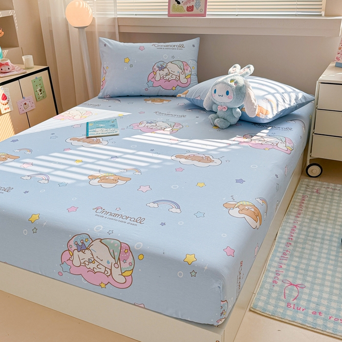 91家纺网 家纺一手货源 找家纺 呗旺鹿 2025新款正版三丽鸥全棉13372单品床笠 彩虹玉桂狗