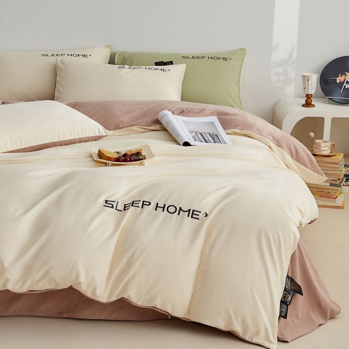 91家纺网 家纺一手货源 找家纺 恋之语 2025新款110克麻绳双拼刺绣单被套 米黄+浅咖