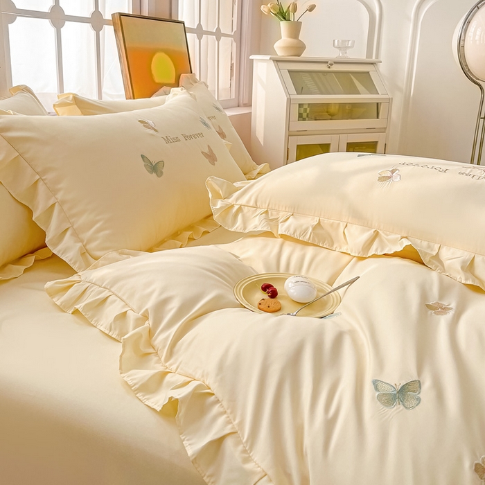 91家纺网 家纺一手货源 找家纺 恋之语 2025新款水洗棉刺绣花边四件套-蝶羽 蝶羽-黄