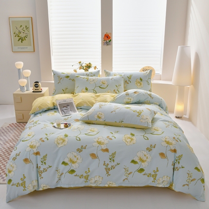 宇彬家纺 2026直播新款13070全棉纯棉印花床单床笠款四件套和单被套喷气清新简约（缩水足可定做）花想容-蓝