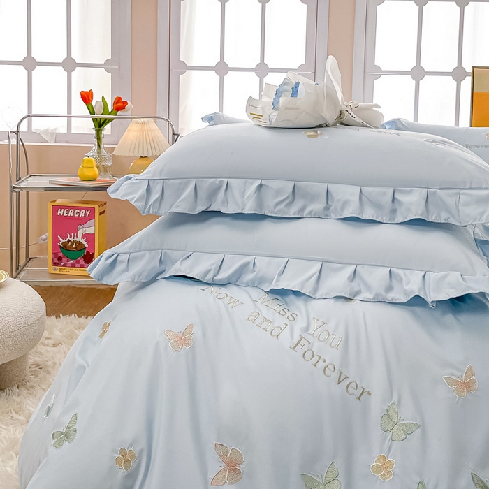 91家纺网 家纺一手货源 找家纺 恋之语 2025新款水洗棉刺绣花边四件套-蝶羽 蝶羽-蓝