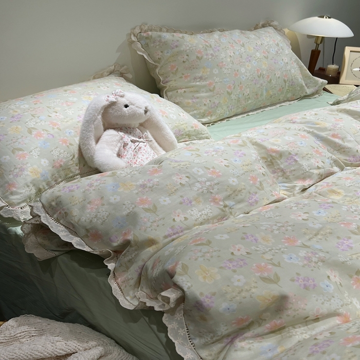 91家纺网 家纺一手货源 找家纺 荣轩2025新款全棉双层纱镂空花边工艺款四件套（铺床版）白桃花茶