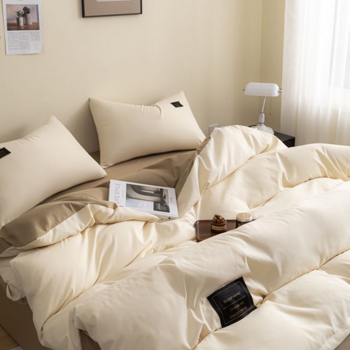 91家纺网 家纺一手货源 找家纺 恋之语 2025新款90克纯色双拼四件套 奶茶+摩卡棕