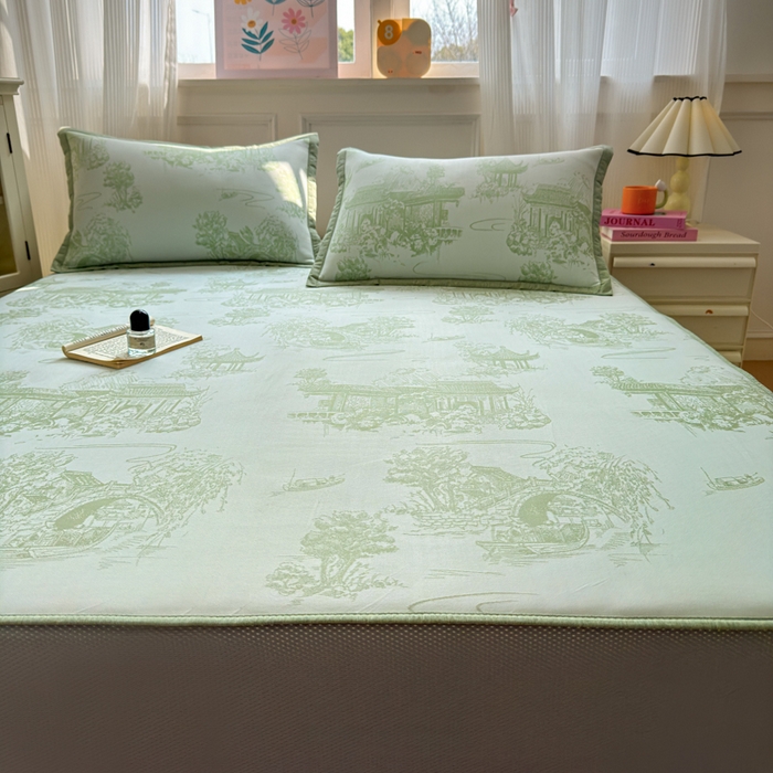 91家纺网 家纺一手货源 找家纺 花漾家居 2025新款A类色织提花PE凉感丝凉席三件套床单床笠款 床笠款-江南绿