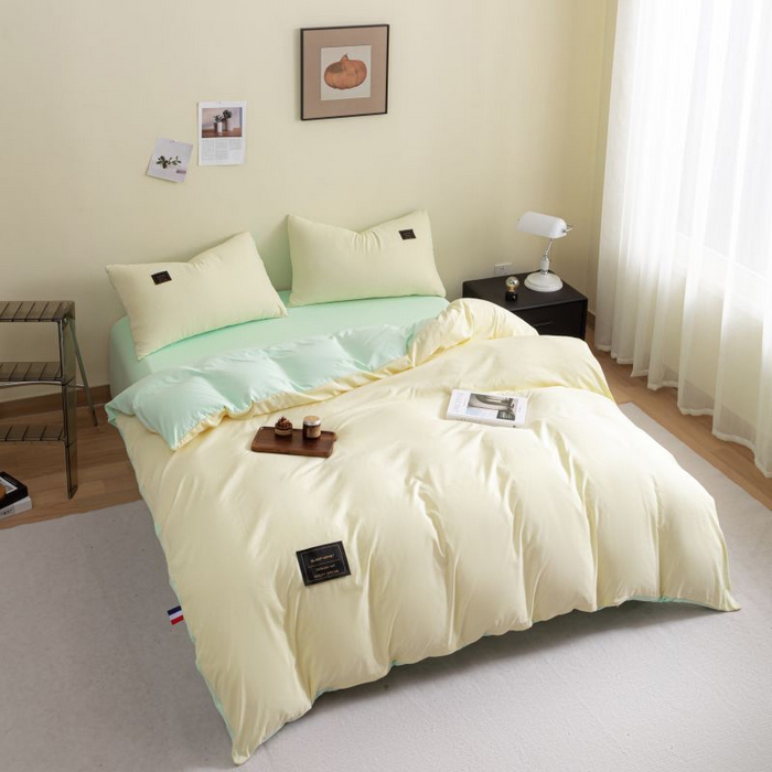 91家纺网 家纺一手货源 找家纺 恋之语 2025新款90克纯色双拼四件套 奶油黄+浅兰