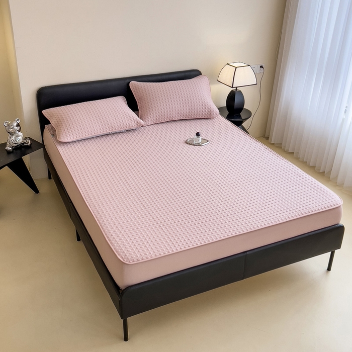 91家纺网 家纺一手货源 找家纺 席世家 2025新款凉感席冰豆豆席子三套件凉席床笠 小方格芙蓉粉-床笠款