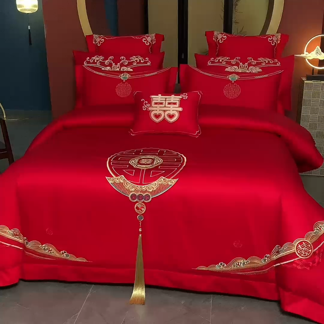 91家纺网 家纺一手货源 找家纺 博之洋婚庆 2025新款全棉长绒棉刺绣新中式婚庆系列多件套 喜悦