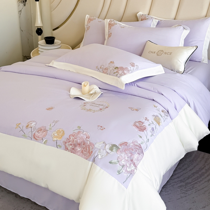 91家纺网 家纺一手货源 找家纺 恋之语 2025新款水洗棉刺绣四件套-伊莉莎 伊莉莎-紫白