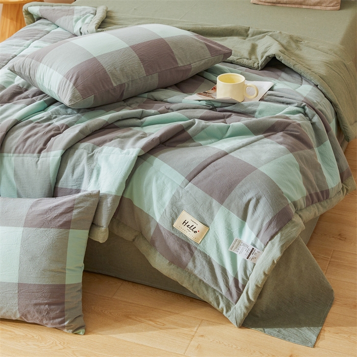 91家纺网 家纺一手货源 找家纺 恋人优选 2025新款纯棉色织水洗夏被 绿灰大格