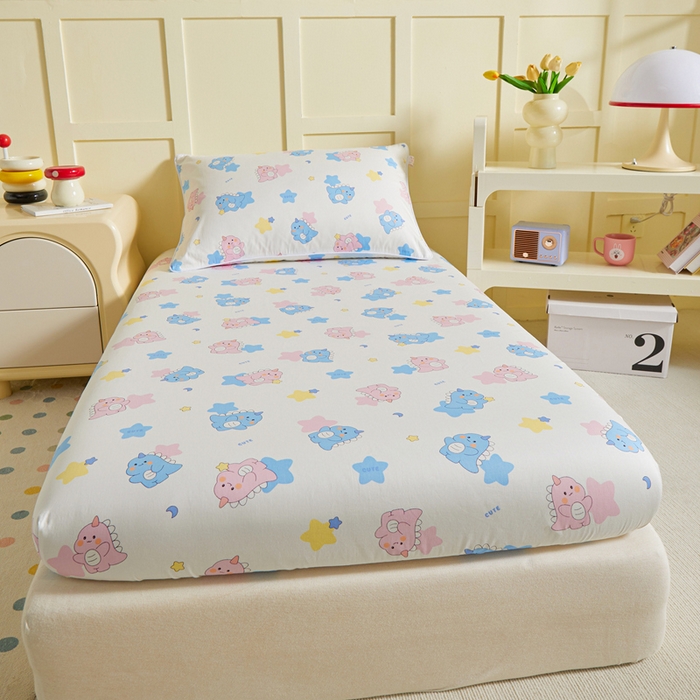 91家纺网 家纺一手货源 找家纺 ds生活馆 2025新款儿童纯棉精梳棉系列单床笠 星星恐龙白