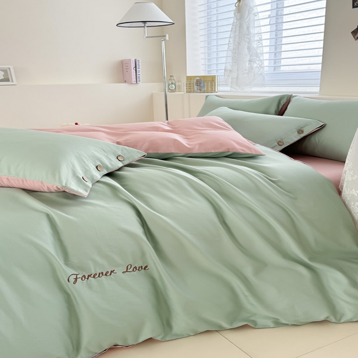 91家纺网 家纺一手货源 找家纺 艾迪尚家纺 2025新款A类纯色双拼长绒棉纯棉刺绣系列单品被套 被套单件（有单品 可定制） 淡绿粉韵