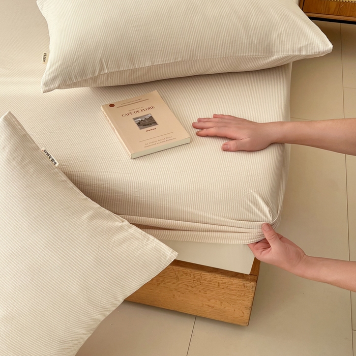 91家纺网 家纺一手货源 找家纺 恋之语 2025新款全棉纯棉色织床笠单品单床笠床笠单件 条纹咖