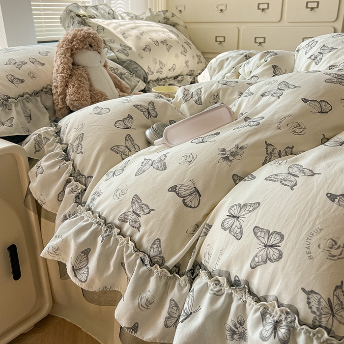 91家纺网 家纺一手货源 找家纺 （总）眠帛家居 2025新款A类法式皱皱纱小清新蕾丝花边四件套