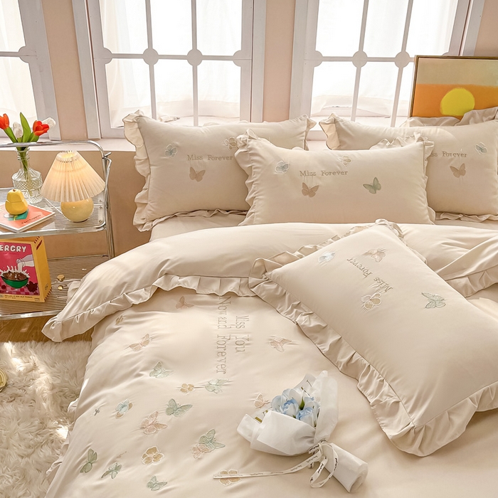 91家纺网 家纺一手货源 找家纺 恋之语 2025新款水洗棉刺绣花边四件套-蝶羽 蝶羽-米白