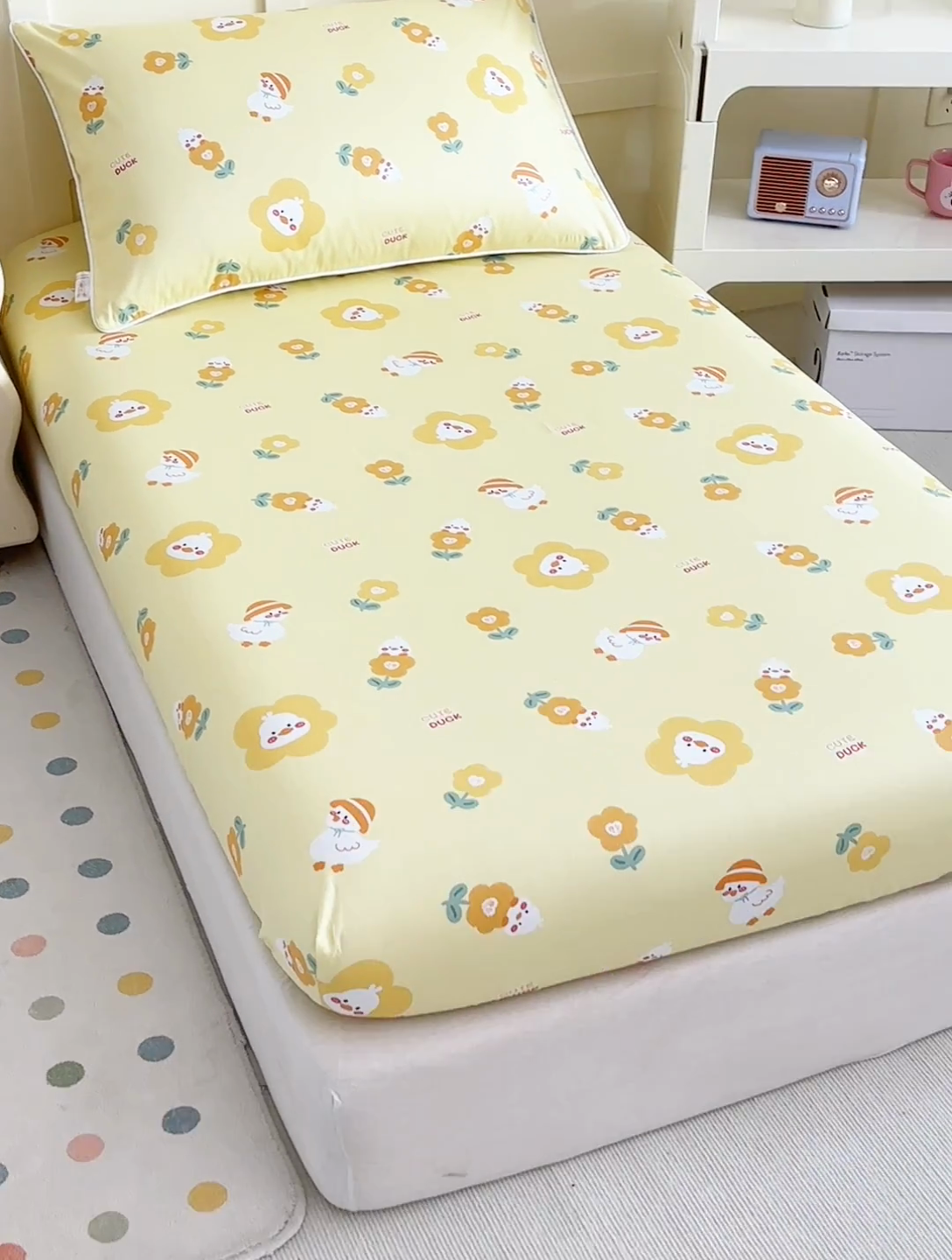 91家纺网 家纺一手货源 找家纺 ds生活馆 2025新款儿童纯棉精梳棉系列单床笠 花朵小鸭