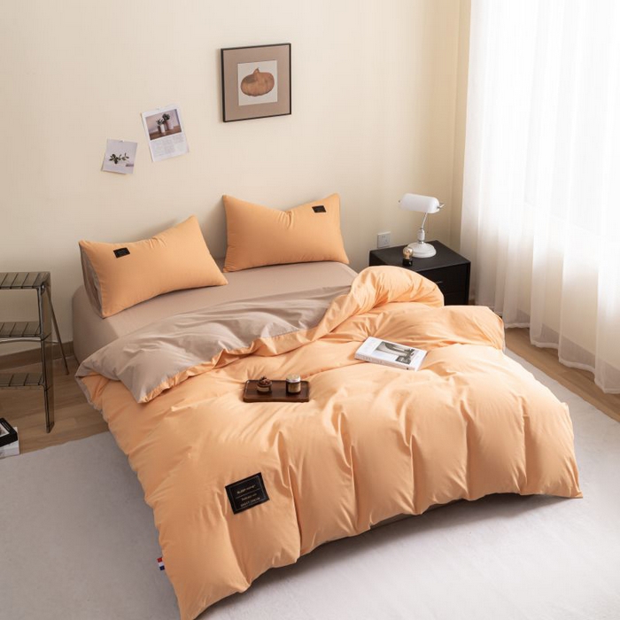 91家纺网 家纺一手货源 找家纺 恋之语 2025新款90克纯色双拼四件套 奶油橙+卡其灰