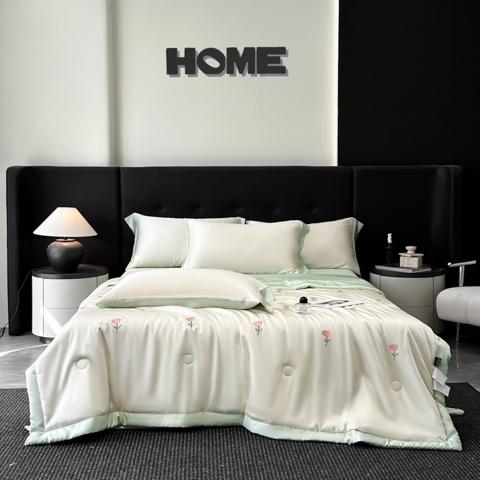 91家纺网 家纺一手货源 找家纺 满羽家纺 2025新款凉感冰丝夏被夏凉被空调被四件套 郁金香-奶白绿