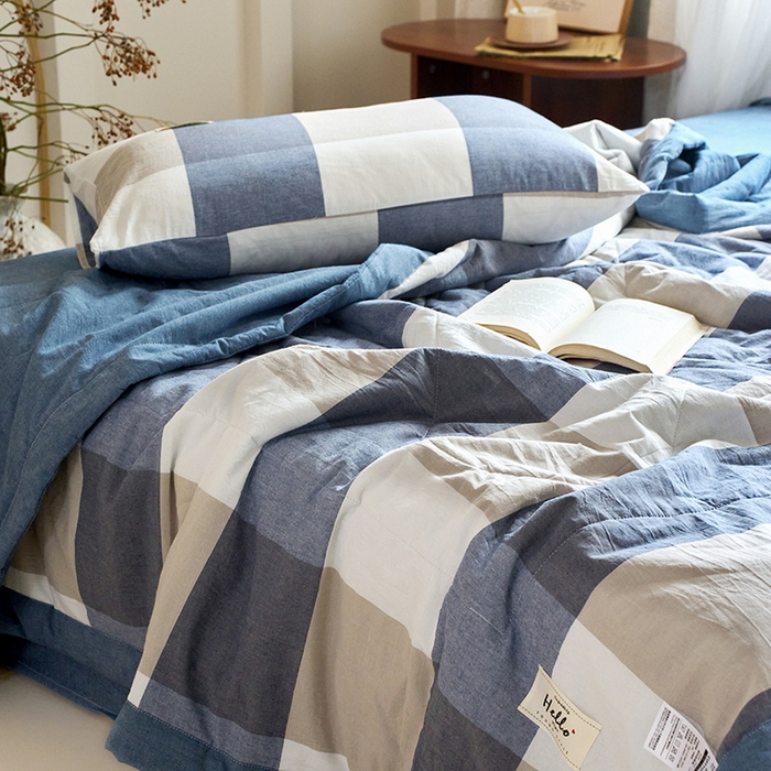 91家纺网 家纺一手货源 找家纺 恋人优选 2025新款纯棉色织水洗夏被 蓝大格